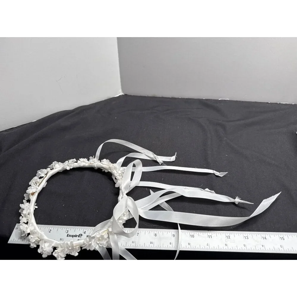 White Floral Halo Headband With Streamer Ribbons For Weddings & Special Occasion